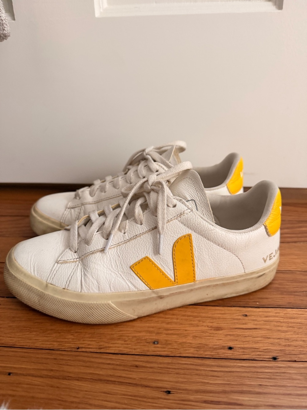 Veja White Leather Sneakers with Yellow Accents